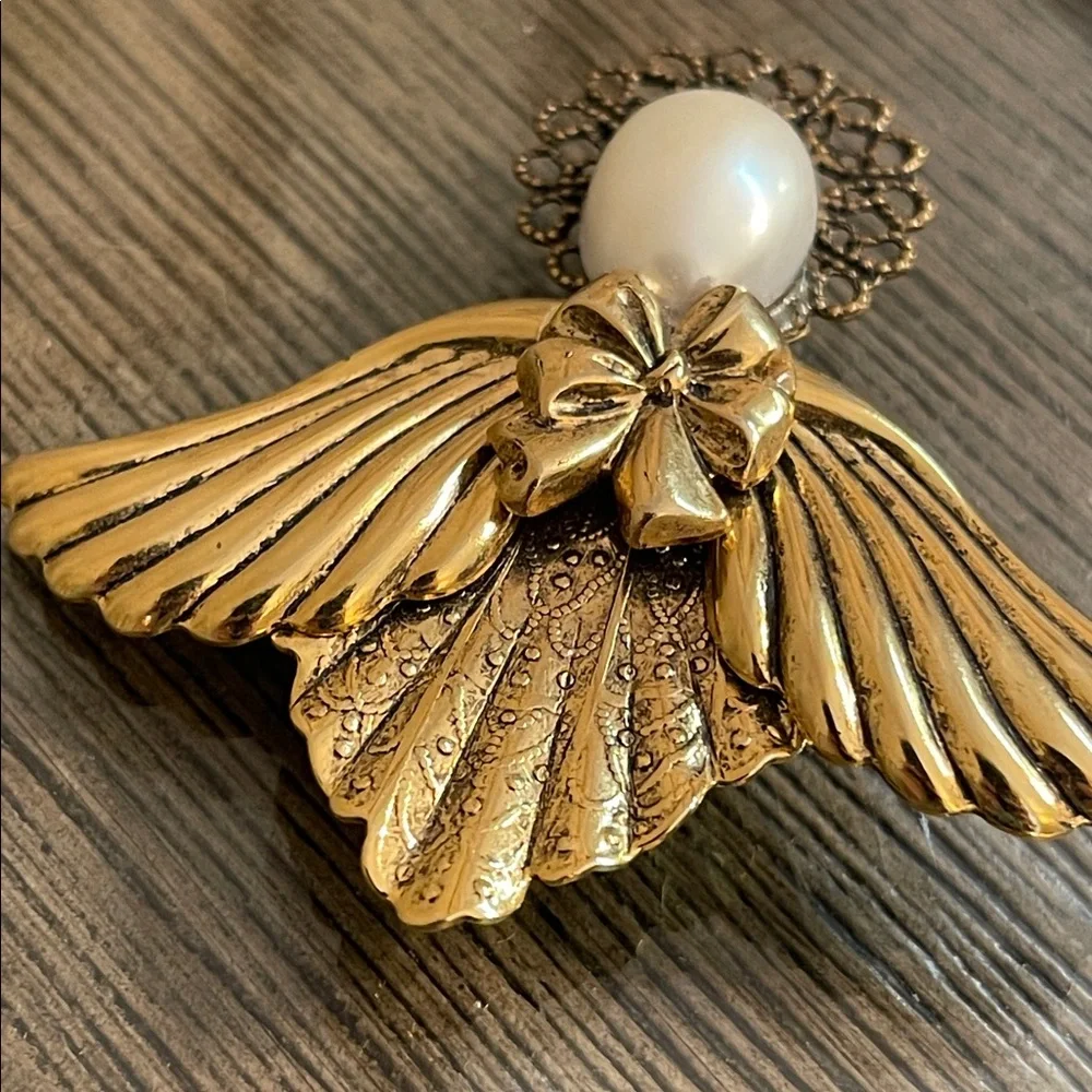 Vintage Gold-tone Angel Wing Brooch with Pearl Accent